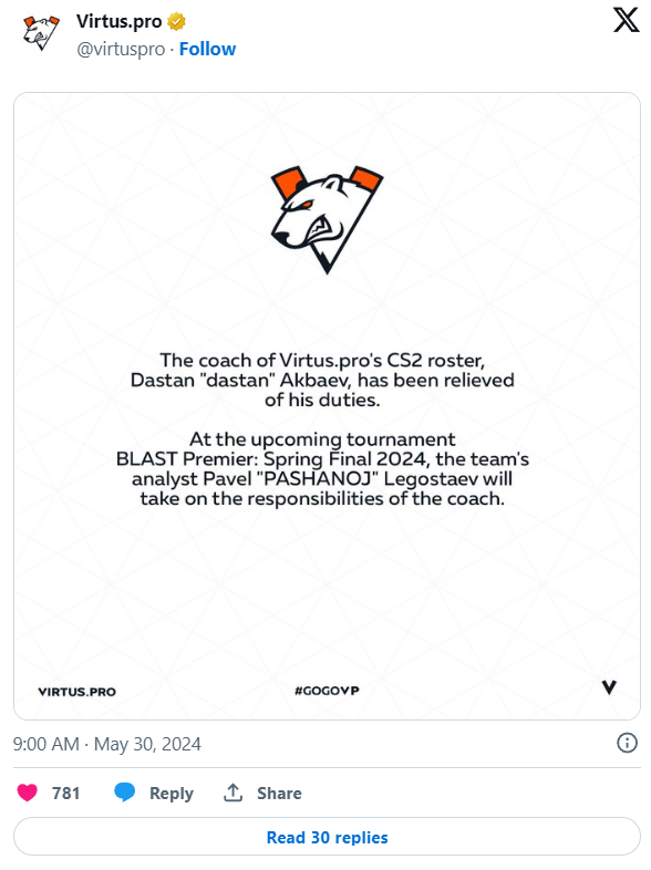 VirtusPro уволила dastan в качестве тренера — изображение 2