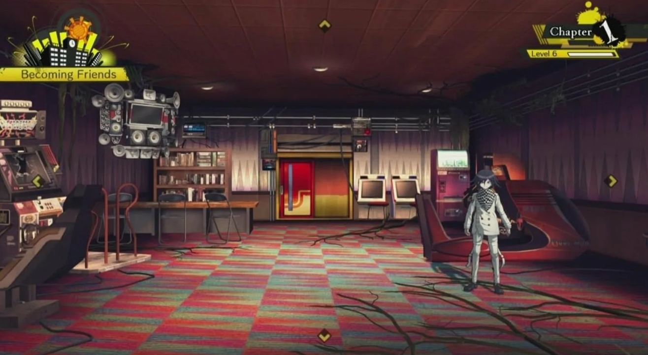 Исследование игрового процесса Danganronpa V3 в футуристической комнате академии с аркадными автоматами