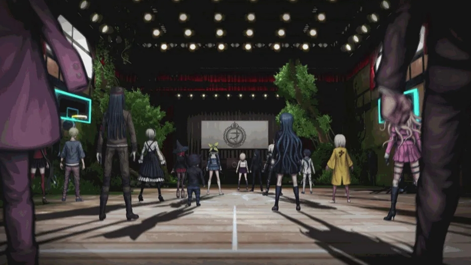 Ученики Данганронпы V3 собрались перед классным испытанием в темном зале академии.