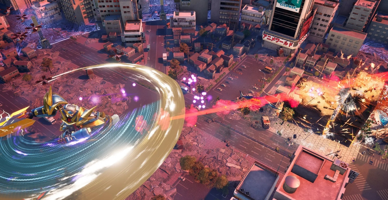 Гигантский бронированный робот выпускает вращающуюся энергетическую атаку в разрушенном городе