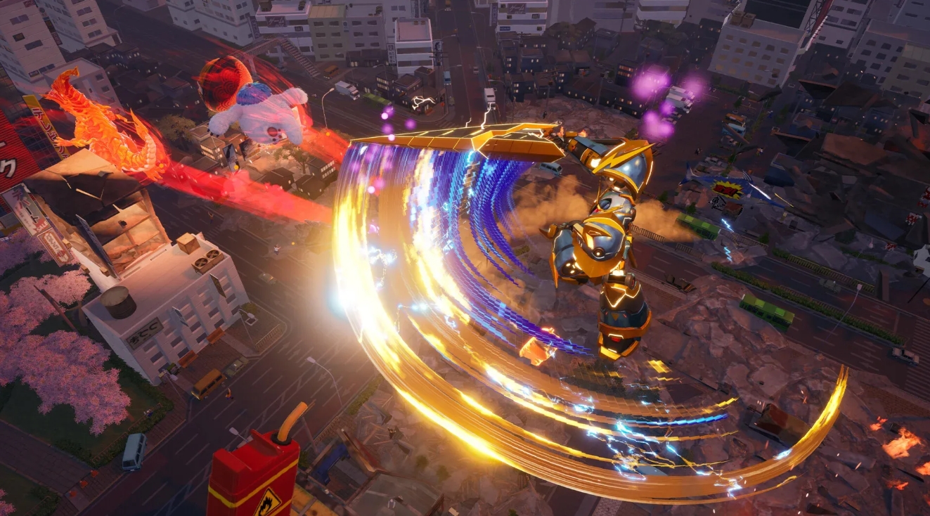 Гигантский робот замахивается огромным энергетическим клинком на врагов по всему городу