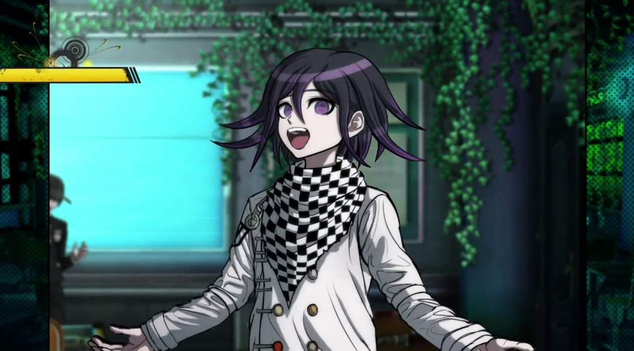 Кокичи Ома улыбается во время сцены диалога в Danganronpa V3, убивающей гармонию