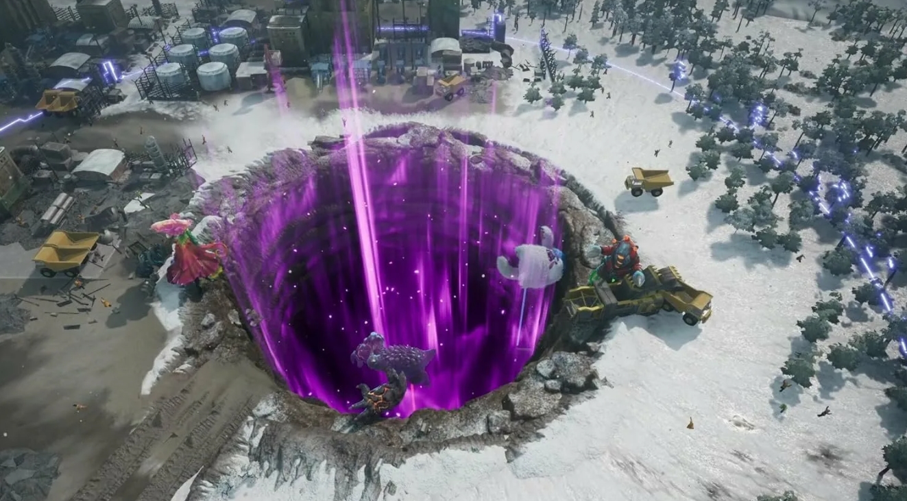 Монстры окружают светящийся фиолетовый кратер на заснеженном поле боя