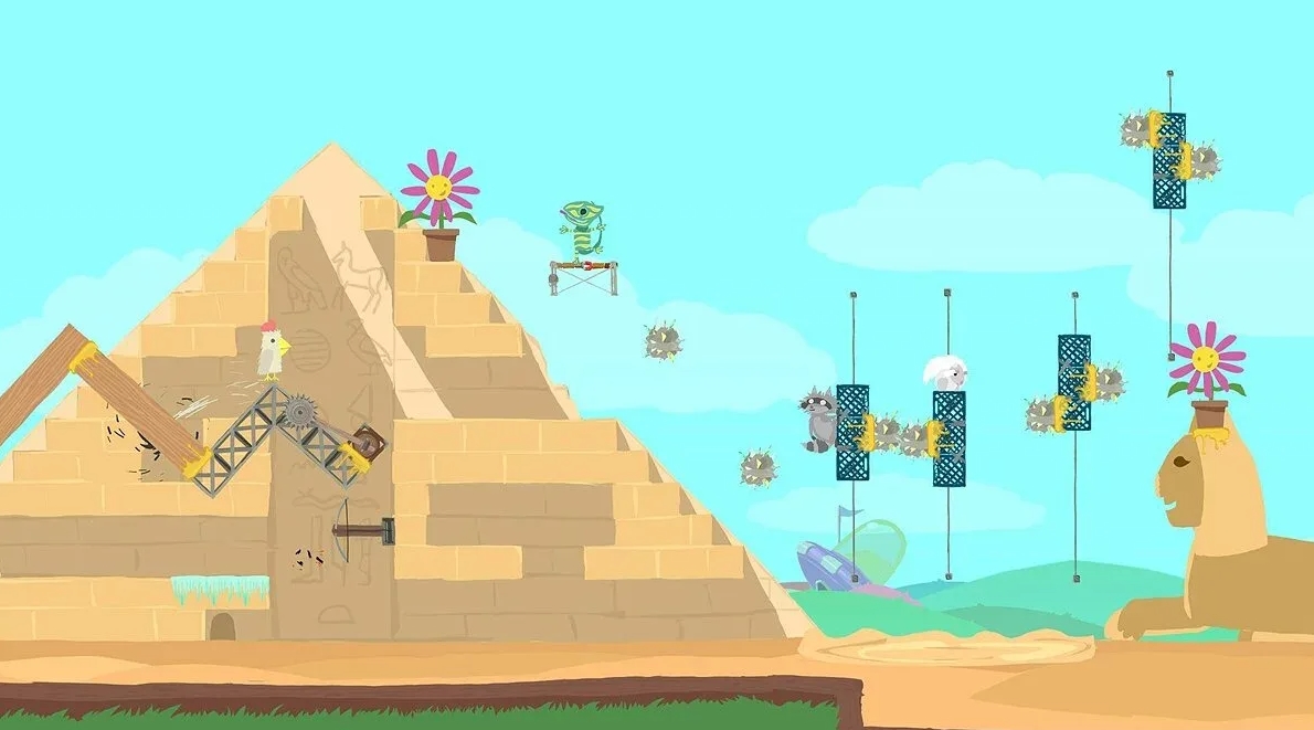 Уровень в стиле пирамиды с движущимися ловушками в Ultimate Chicken Horse