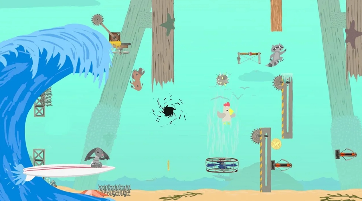 Уровень с волной и вращающимися ловушками в Ultimate Chicken Horse