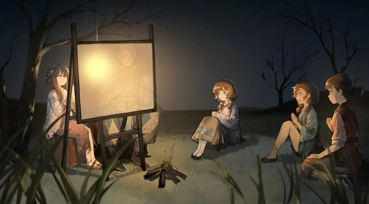 Дети сидят вокруг костра ночью и смотрят представление теневого театра