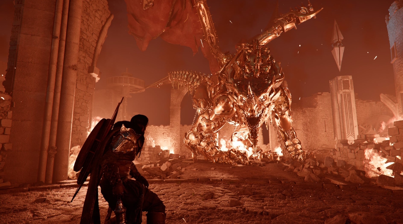 Crimson Desert – сражение с боссом, воин против огромного огненного дракона в разрушенном замке