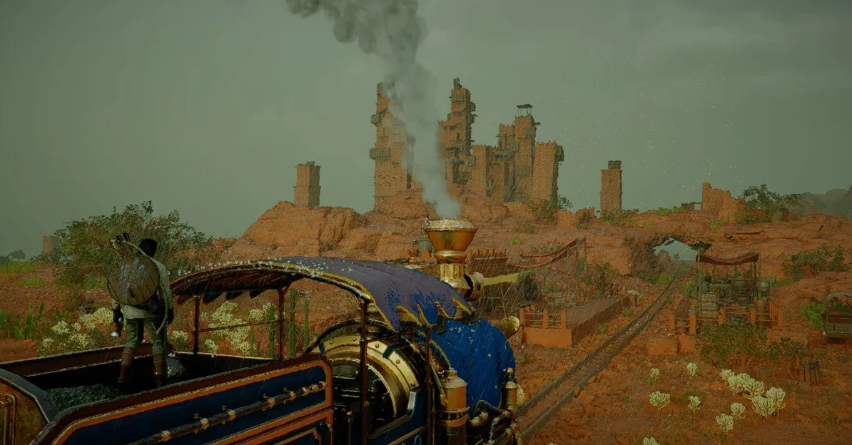 Поезд пересекает пустынный ландшафт