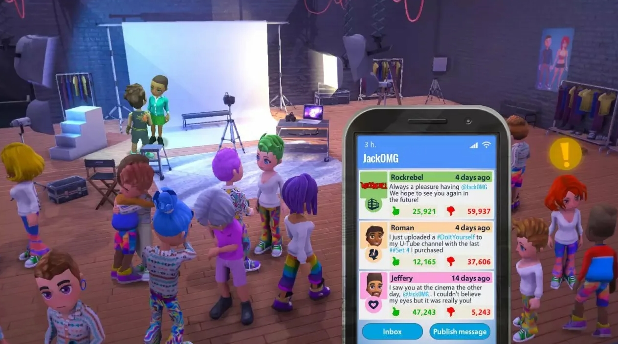 Геймплей Youtubers Life с показом фотостудии, взаимодействующих персонажей и интерфейса социальной сети на экране