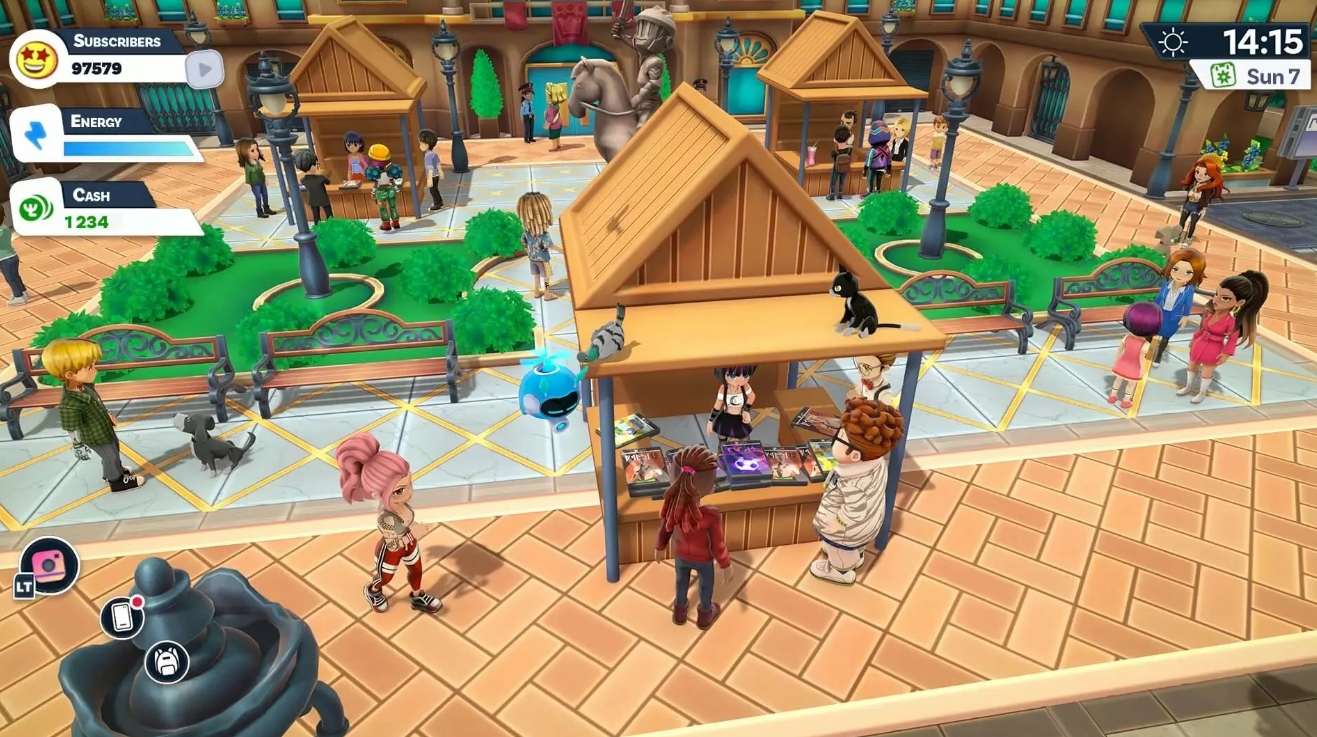 Уличный геймплей Youtubers Life с игроком, исследующим площадь, взаимодействующим с NPC и рыночными лавками